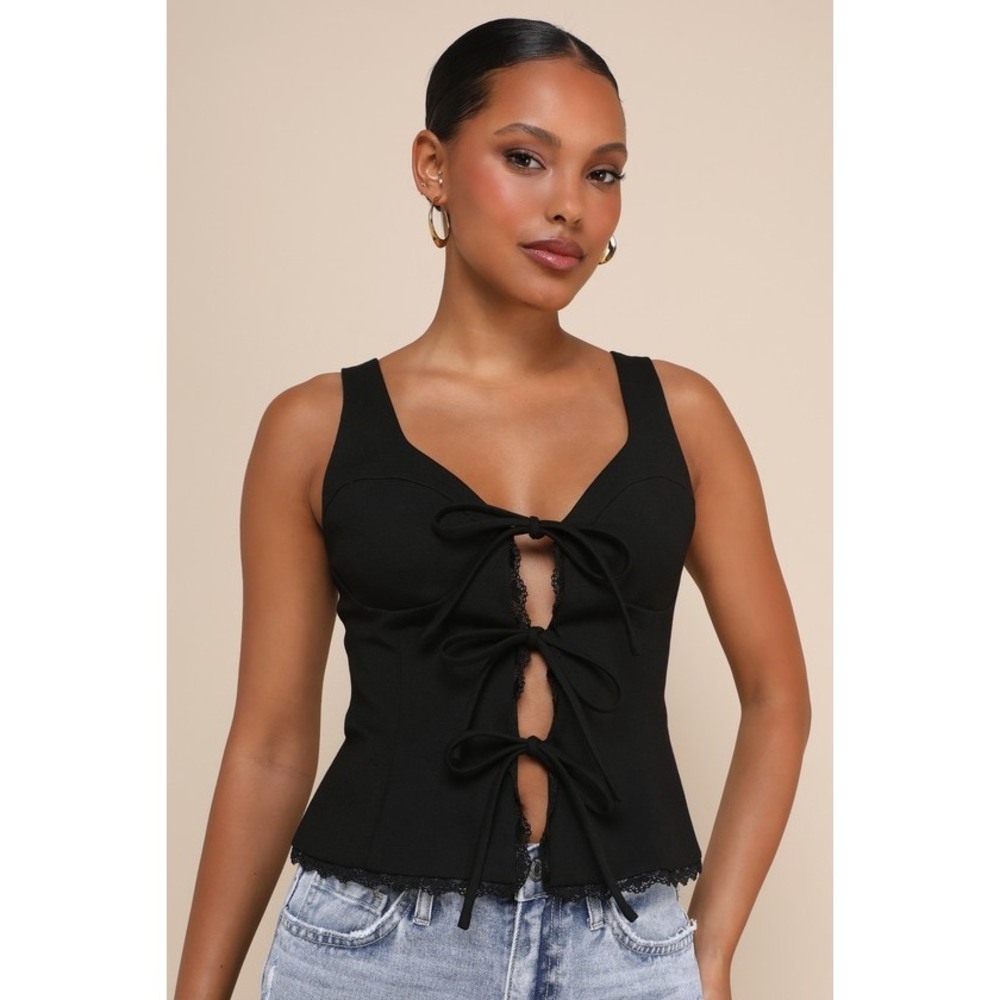 Lulus Sweetly Coy Black Sleeveless Lace Bustier Tie-front Top - Size M